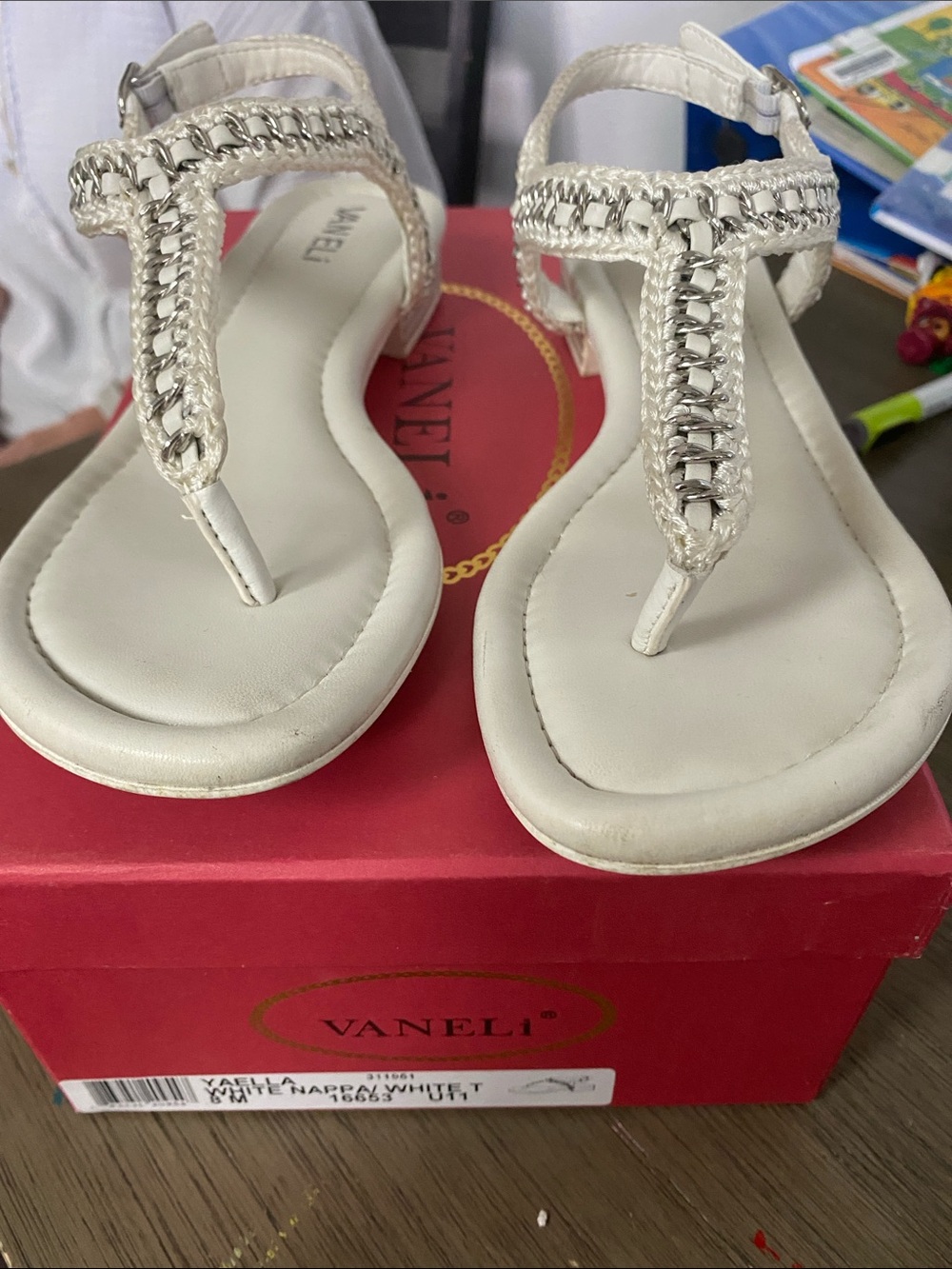 Vaneli White T-Strap Sandals with Silver Chain Accent